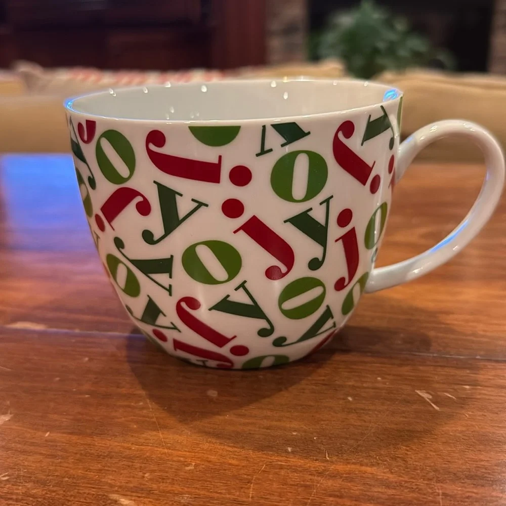 Crate&Barrel JOY Christmas Mug Red Green Holiday White Red Green Festive Cup